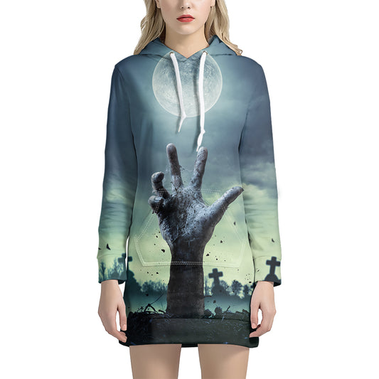 Zombie Hand Rising From Grave Print Hoodie Dress
