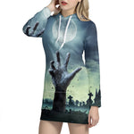 Zombie Hand Rising From Grave Print Hoodie Dress