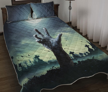 Zombie Hand Rising From Grave Print Quilt Bed Set