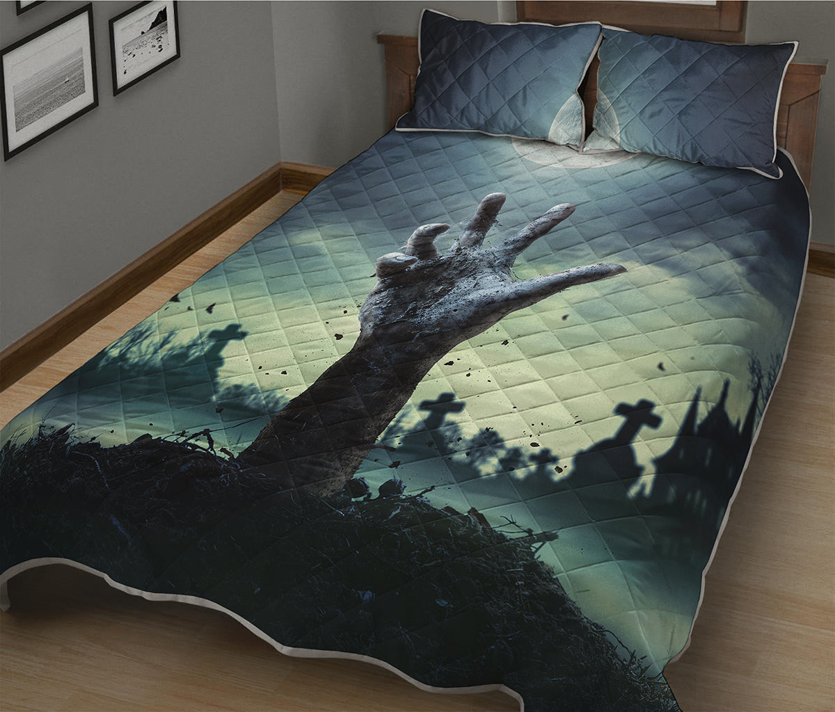 Zombie Hand Rising From Grave Print Quilt Bed Set