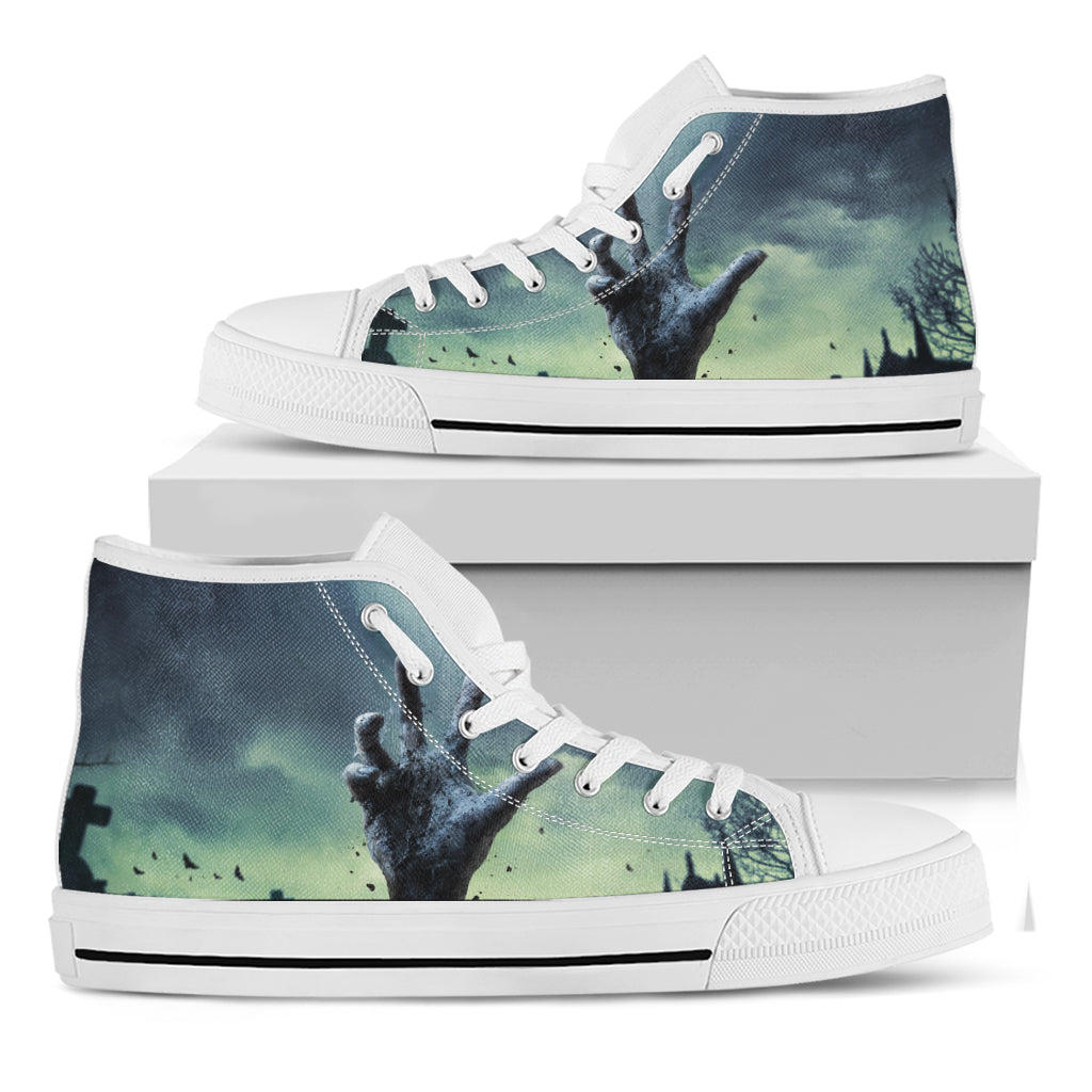 Zombie Hand Rising From Grave Print White High Top Shoes