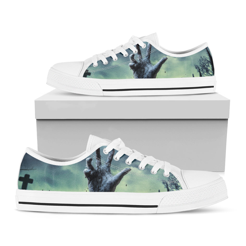 Zombie Hand Rising From Grave Print White Low Top Shoes
