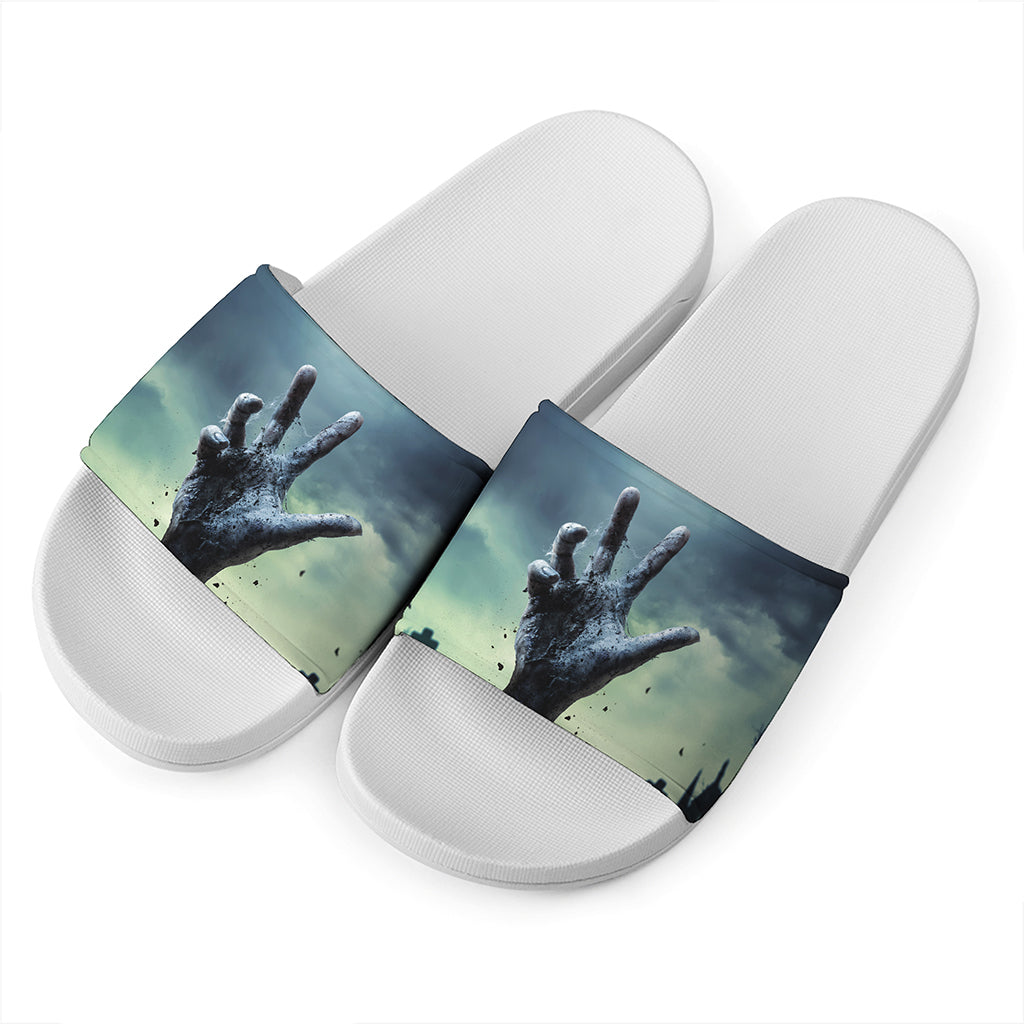 Zombie Hand Rising From Grave Print White Slide Sandals
