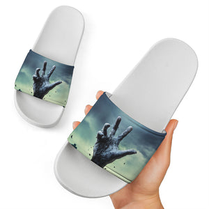 Zombie Hand Rising From Grave Print White Slide Sandals