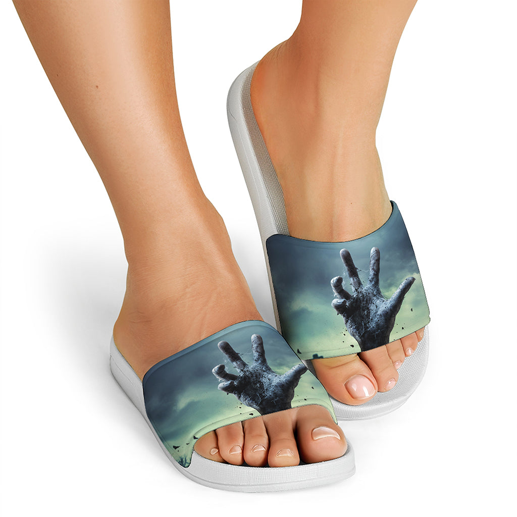 Zombie Hand Rising From Grave Print White Slide Sandals