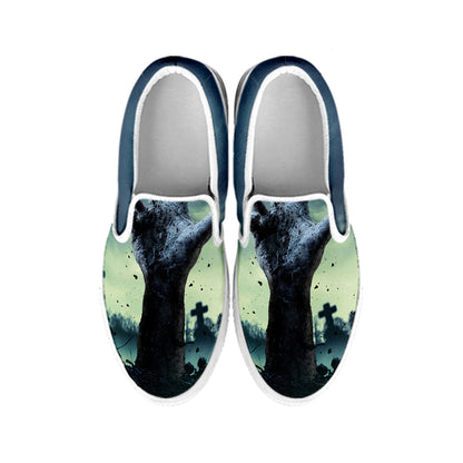 Zombie Hand Rising From Grave Print White Slip On Shoes