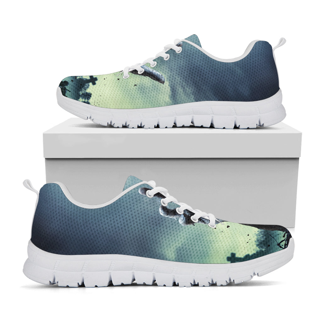 Zombie Hand Rising From Grave Print White Sneakers