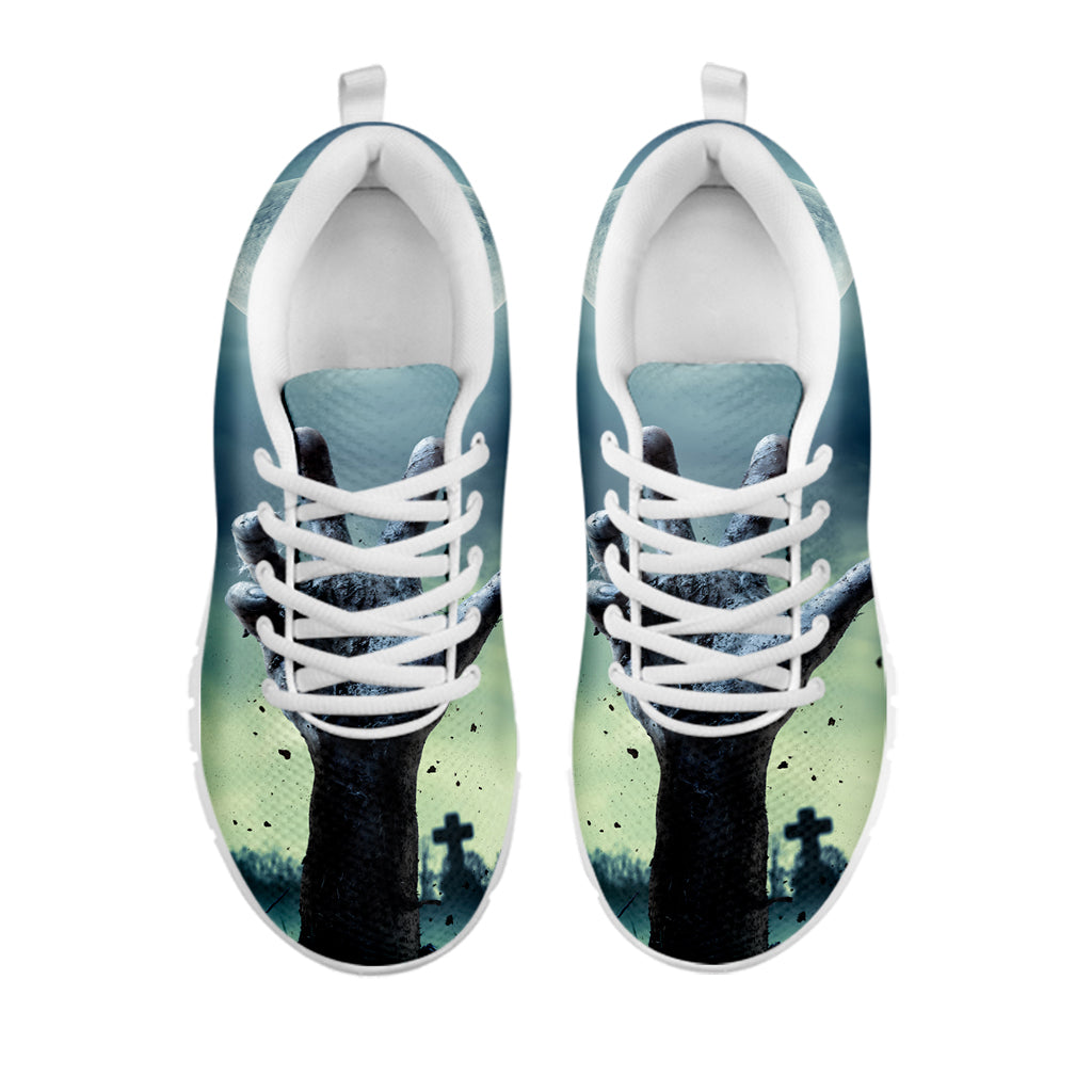 Zombie Hand Rising From Grave Print White Sneakers